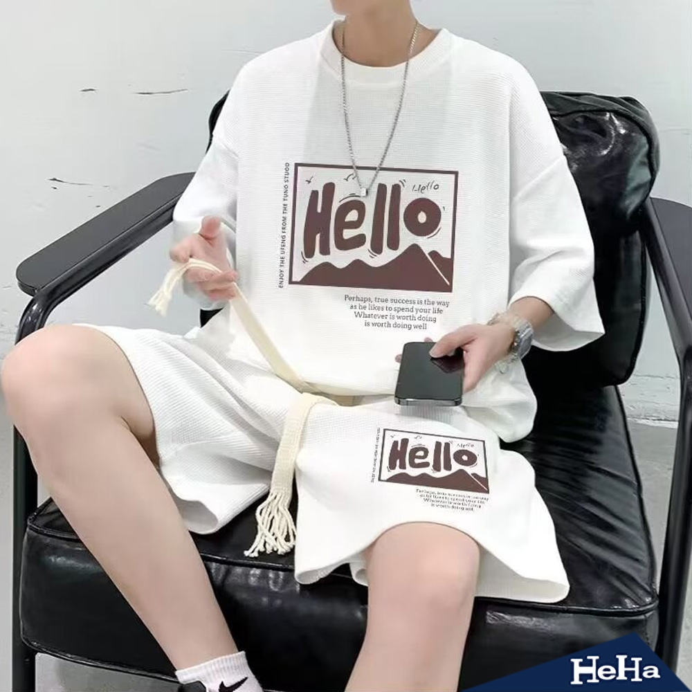 【HeHa】hello哈囉印花短袖套裝 四色 (白色)