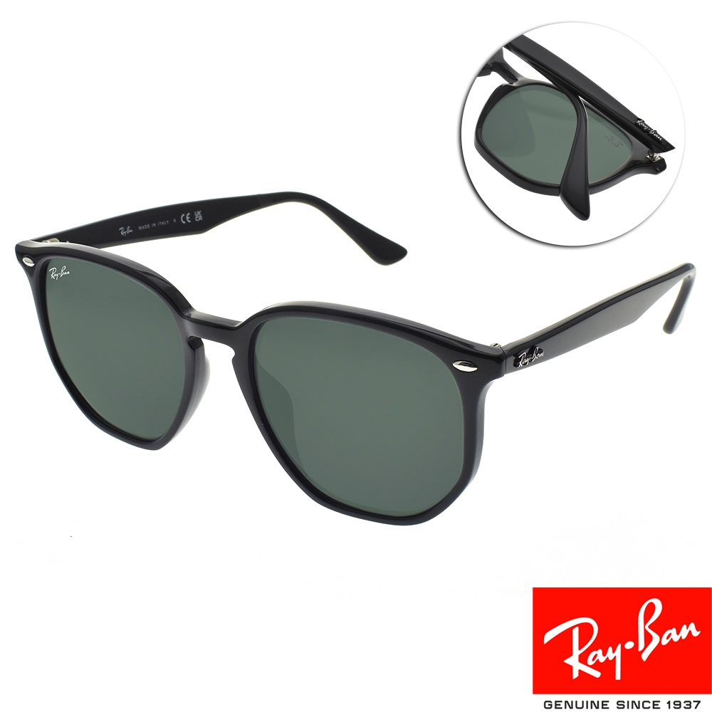RayBan雷朋 六角形膠框 太陽眼鏡/黑 綠鏡片#RB4306F 60171-54mm