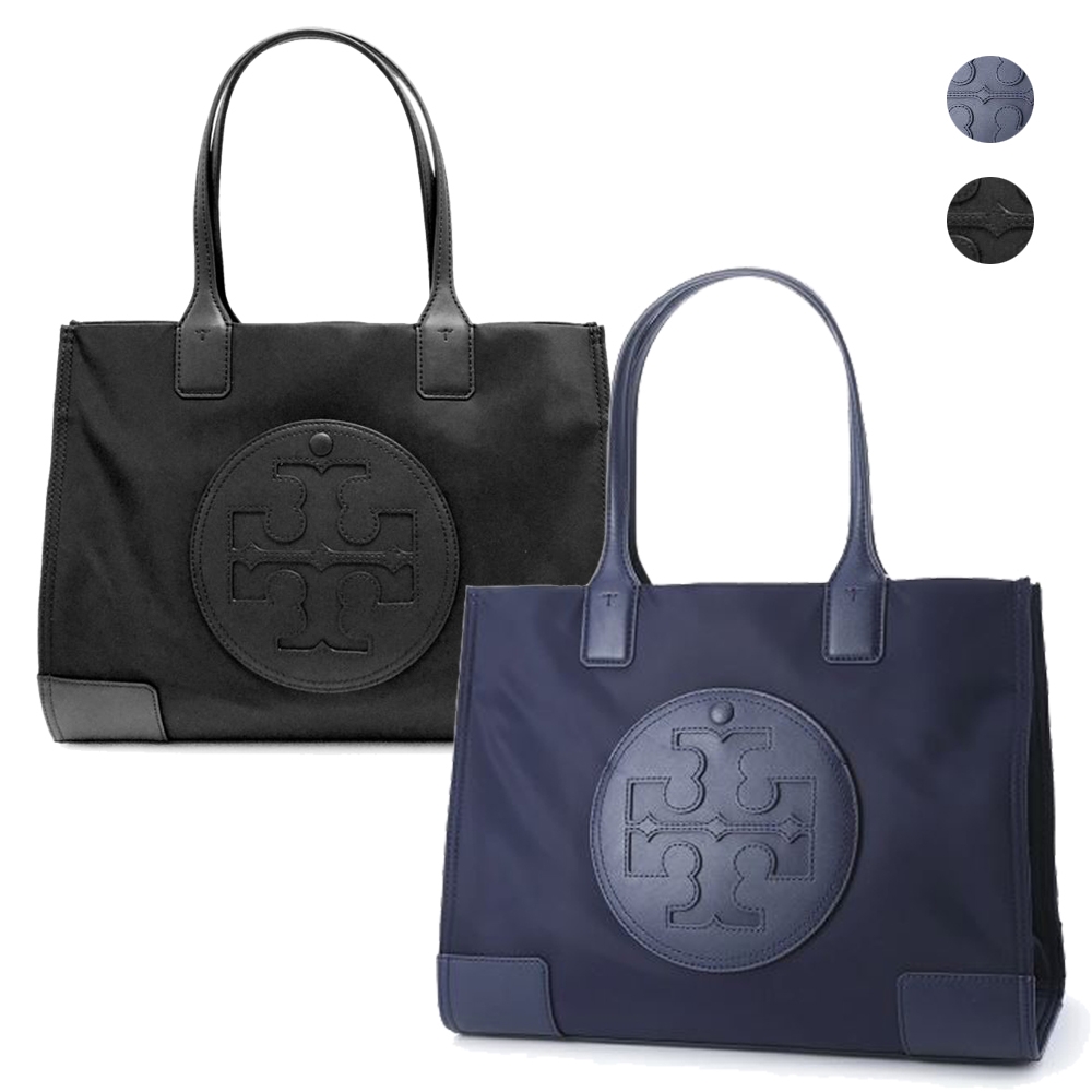 TORY BURCH  ELLA系列 縫線皮革大LOGO尼龍肩背托特包(小款/2色任選)