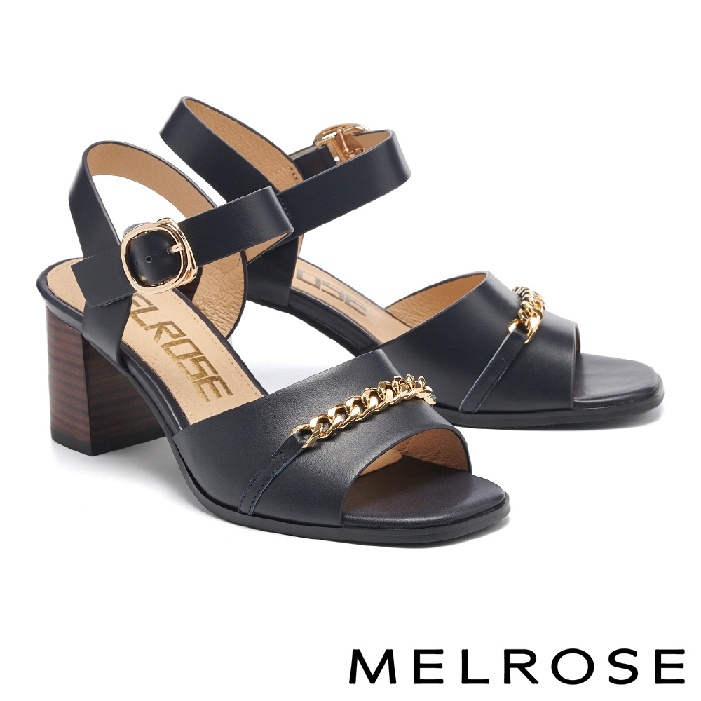 涼鞋 MELROSE 氣質時髦金屬鏈條牛皮方頭高跟涼鞋－藍