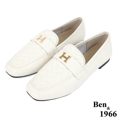 Ben&1966高級頭層牛皮氣質波浪紋樂福鞋-米白(228163)