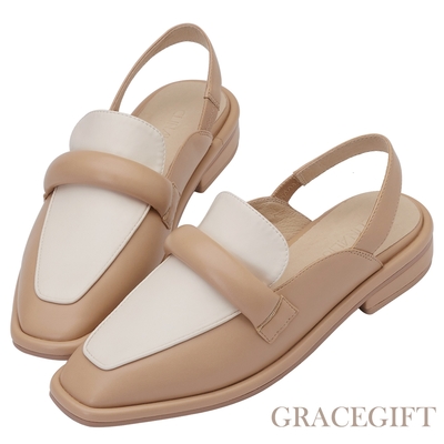 【Grace Gift】逸歡聯名-澎澎雲朵條帶後空樂福鞋 卡其