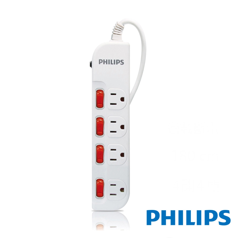 【PHILIPS 飛利浦】4開4插3孔延長線 過載防護型 1.8米