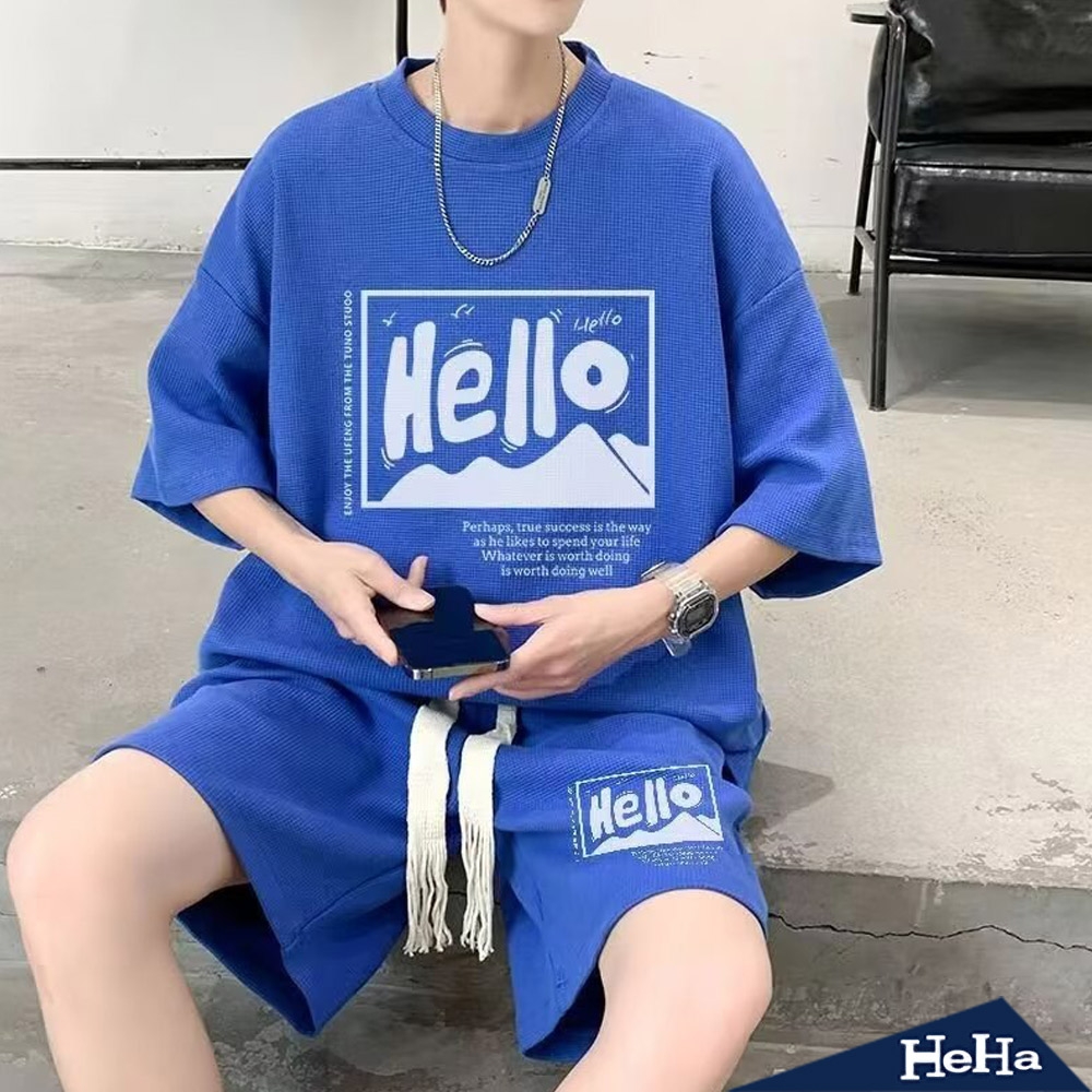 【HeHa】hello哈囉印花短袖套裝 四色 (藍色)