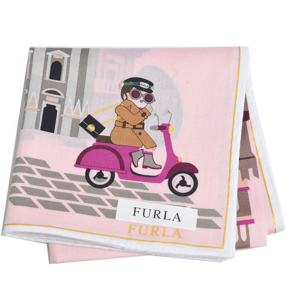 FURLA 可愛貴婦教堂兜風圖騰字母LOGO帕領巾(粉紅)