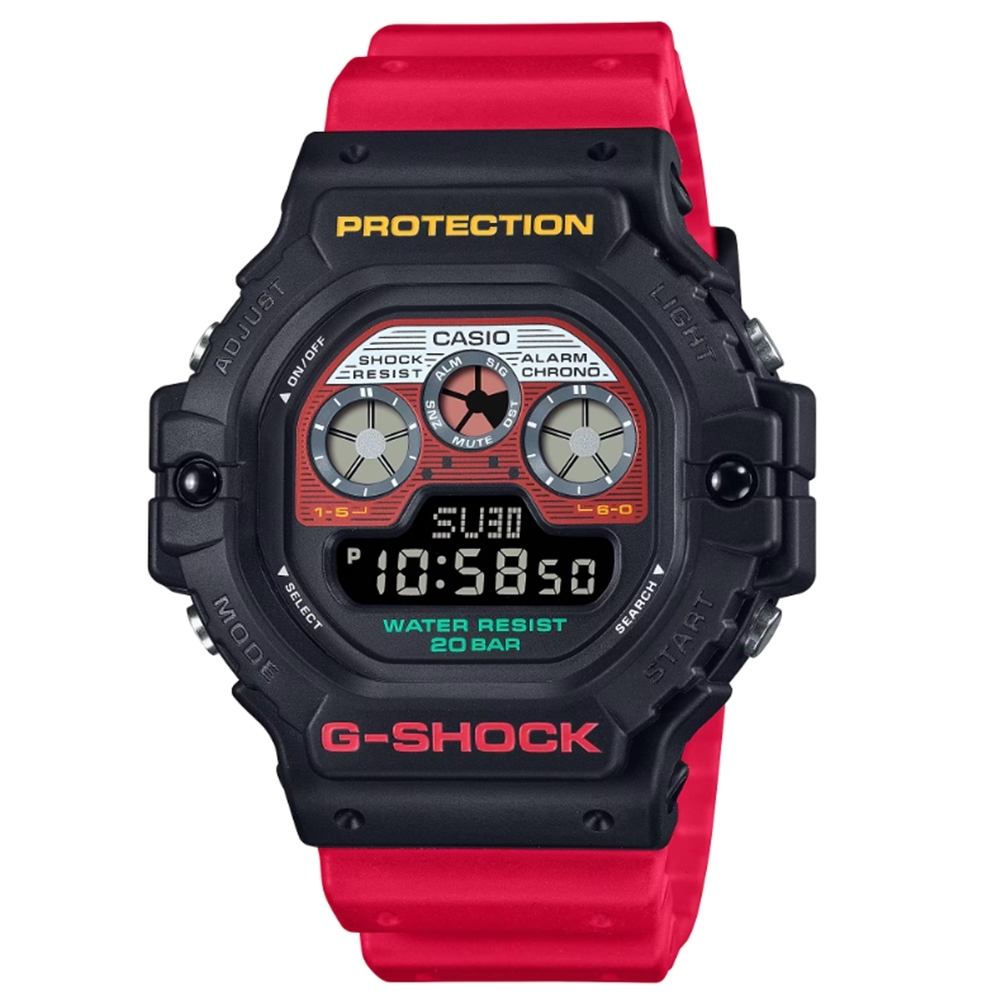 CASIO 卡西歐 G-SHOCK 錄音帶繽紛標籤方形時尚潮流電子錶 黑紅 DW-5900MT-1A4_46.8mm