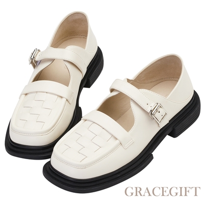 【Grace Gift】逸歡聯名-花樣少女編織瑪莉珍樂福鞋 米白