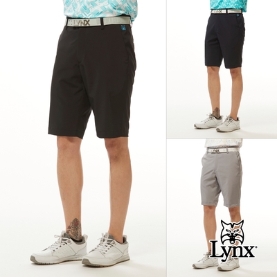 【Lynx Golf】男款四面彈性布料材質基本款素面造型山貓繡花平口休閒短褲(三色)