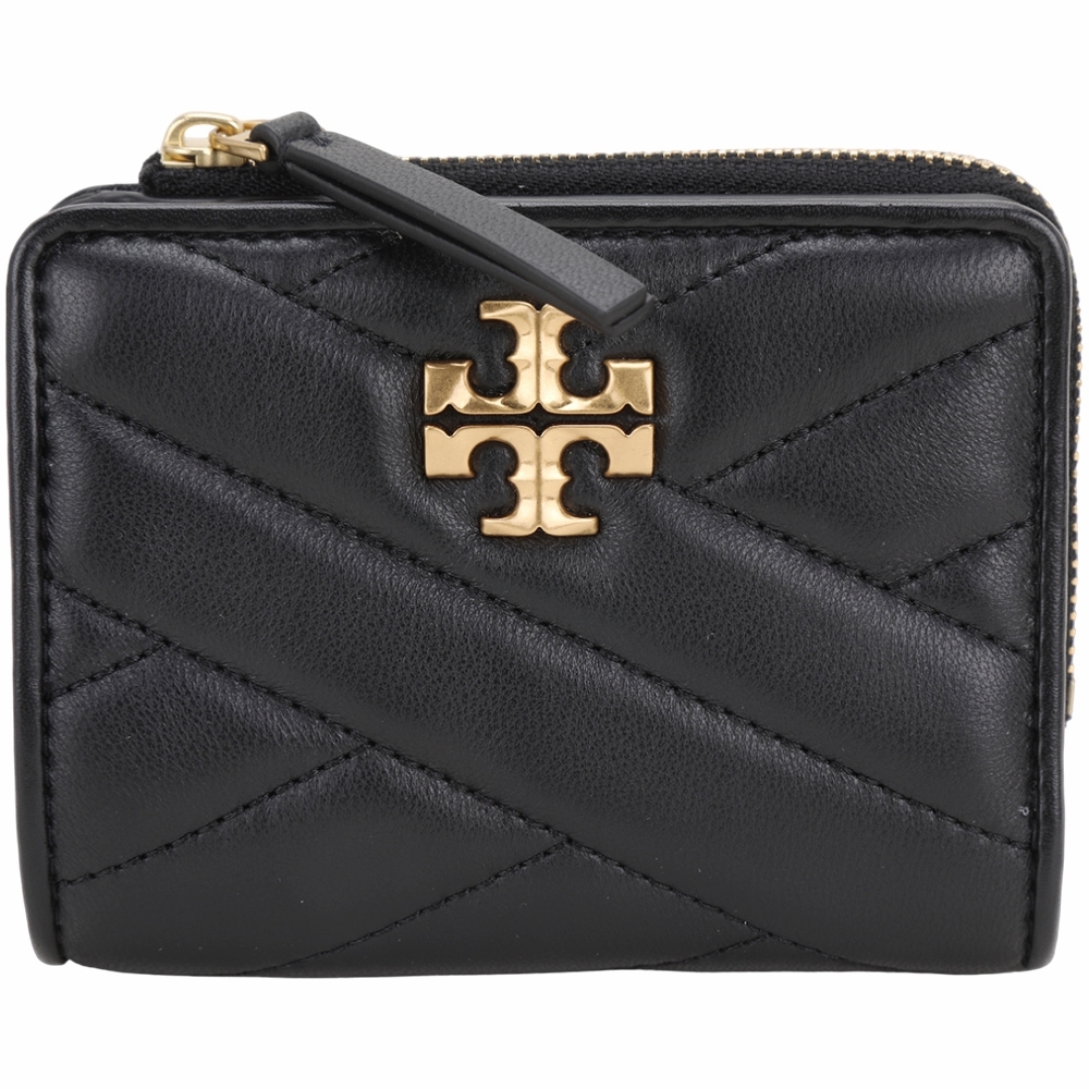 TORY BURCH Kira Chevron 新版雙T標誌小羊皮釦式L拉零袋短夾(黑色)