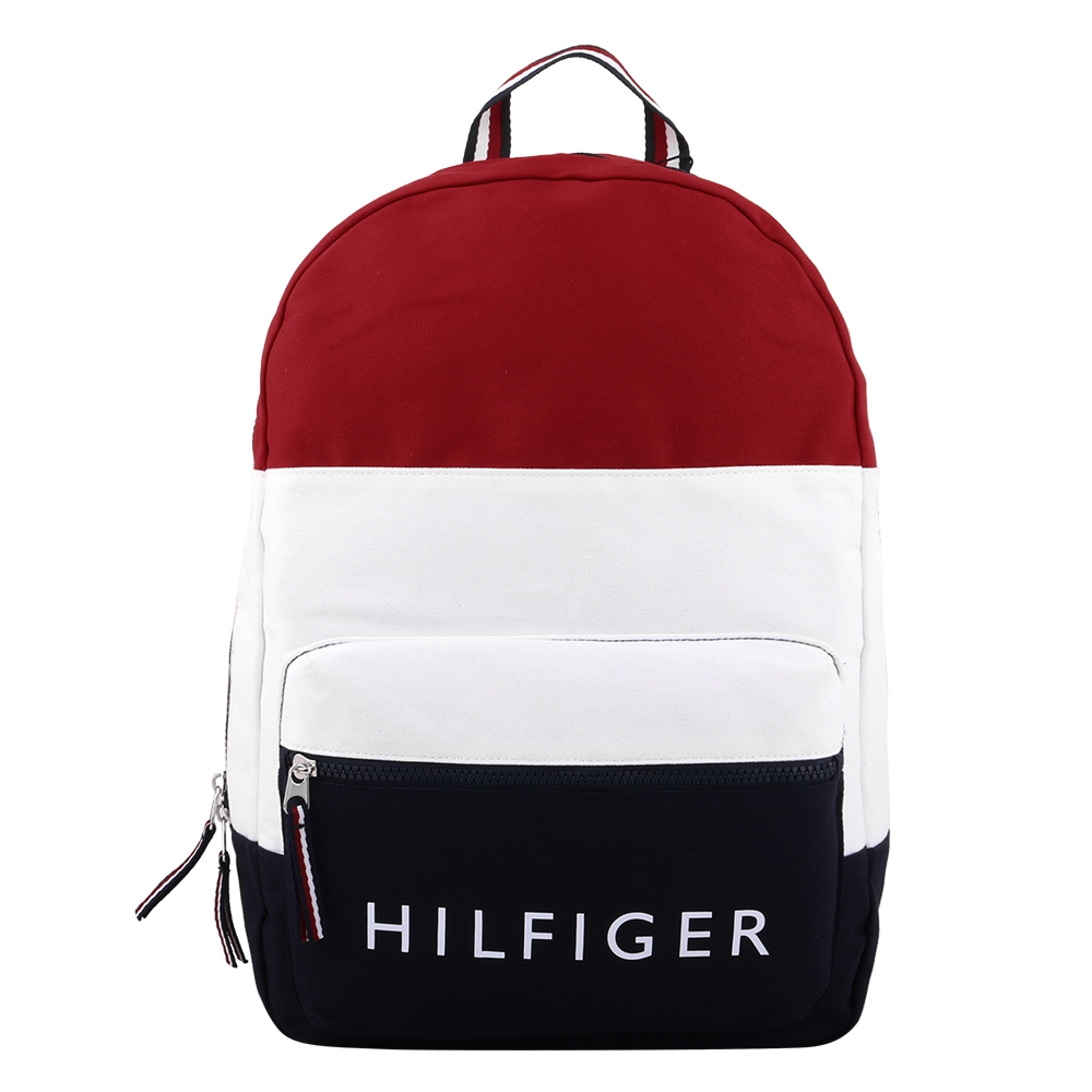 TOMMY HILFIGER- 白字母標誌帆布手提後背包(紅x藍x白)中