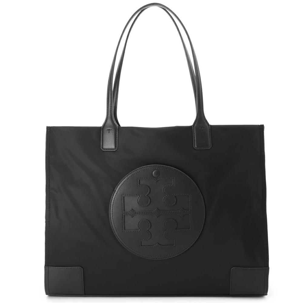 TORY BURCH  ELLA系列 縫線皮革大LOGO尼龍肩背托特包(大款/經典黑)