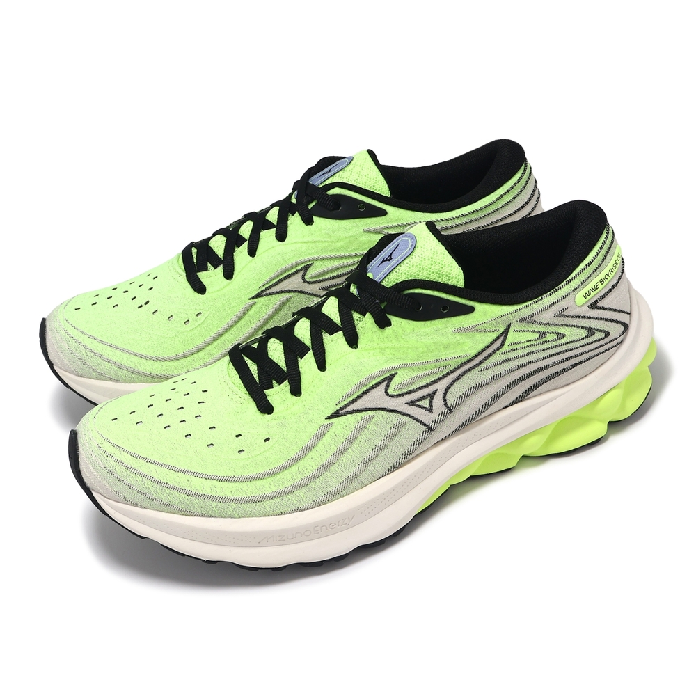 Mizuno 慢跑鞋 Wave Skyrise 5 男鞋 螢光綠 黑 高回彈 緩衝 運動鞋 美津濃 J1GC2409-52