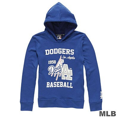 MLB-洛杉磯道奇隊分割LOGO印花連帽長袖厚T恤-藍 (女)