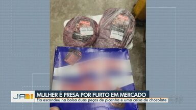 Mulher é presa tentando furtar produtos de supermercado em Anápolis - Ela escondeu na bolsa duas peças de picanha e uma caixa de chocolate.