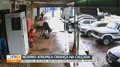 Bezerro atropela criança na calçada em São Miguel do Araguaia - Davi Luiz, de 5 anos, está com o rosto machucado, mas passa bem.