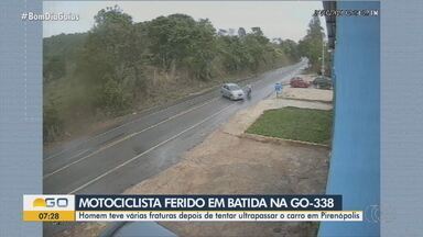 Motociclista tem várias fraturas no corpo após bater contra carro na GO-338 - O acidente aconteceu em Pirenópolis.