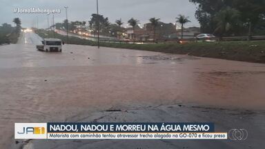 Caminhão fica preso em alagamento na GO-070 durante forte chuva - Motorista tentou atravessar, mas foi surpreendido pela inundação.