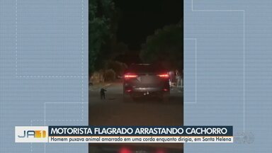 Motorista é flagrado arrastando cachorro nas ruas de Santa Helena de Goiás - Homem puxava animal amarrado em corda enquanto dirigia.