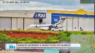 Avião afunda na pista após chão ceder no aeroporto de Sorocaba - Um avião ficou enroscado em um buraco na pista de decolagem após o chão ceder no aeroporto de Sorocaba (SP), na manhã desta segunda-feira (23). O incidente ocorreu por volta de 7h30.