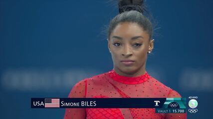 Simone Biles tira 15,700 no primeiro salto da final do solo dos Jogos de Paris 2024