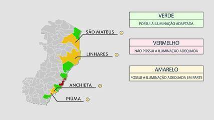 Mapa mostra praias com iluminação apta para a reprodução das tartarugas no ES