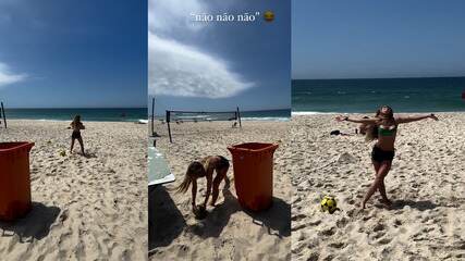 Jade Picon se diverte na praia e impressiona com barriga trincada em dia de praia