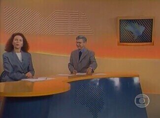 Escalada do telejornal no dia da estreia no Rio de Janeiro. Ancoragem de Leilane Neubarth e Renato Machado, 'Bom Dia Brasil', 01/04/1996.