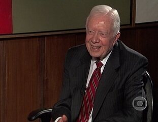 Em visita ao Brasil, ex-presidente dos Estados Unidos Jimmy Carter concede entrevista exclusiva ao jornalista William Waack, Jornal da Globo, 04/05/2009.