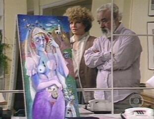 'Louco Amor' (1983): cena em que Muriel (Tônia Carrero) se encanta com o trabalho de Alfredo (Fernando Torres) ao ser apresentada às pinturas por Estelinha (Rosane Gofman). Com Isa (Arlete Salles).