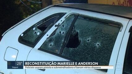 Peritos usam pistola e submetralhadora na reconstituição das mortes de Marielle e Anderson. RJ1, 11/05/2018