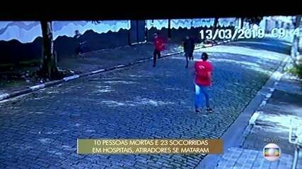 Câmeras de segurança mostram momento em que carro dos atiradores para em frente à escola. Jornal Hoje, 13/03/2019