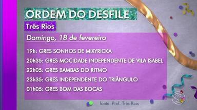 Desfile das escolas de samba de Três Rios é remarcado para domingo - Tradicional evento que marca o Carnaval da cidade seria realizado na terça-feira, mas precisou ser adiado por conta da chuva.