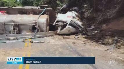 Acidente com caminhão-tanque interdita trânsito na LMG-844, em Bom Repouso