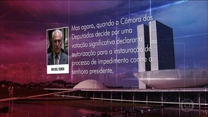 Reportagem de Giovana Teles sobre o vazamento do áudio em que Michel Temer discursa como se o impeachment já tivesse sido aprovado na Câmara. Jornal Nacional, 11/04/2016.