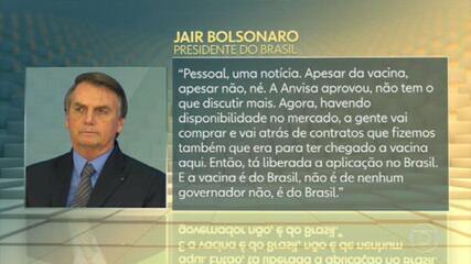 Após afirmar que não compraria a CoronaVac, Bolsonaro diz que a vacina 'é do Brasil, não é de nenhum governador'. Jornal Hoje, 18/01/2021