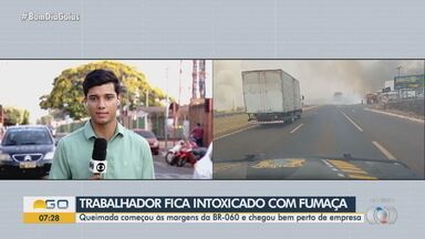 Trabalhador fica intoxicado com fumaça de incêndio em rodovia de Rio Verde - Queimada começou às margens da BR-060 e chegou bem perto de empresa.