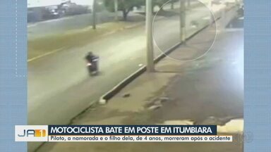 Motociclista bate em poste em Itumbiara e família morre durante acidente - Na moto, estavam piloto, a namorada e o filho dela, de 4 anos.