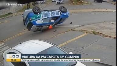 Viatura da Polícia Militar capota após acidente em Goiânia - Segundo a polícia, o veículo que se chocou com a viatura era conduzido por motorista sem habilitação.