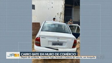 Carro bate em muro de comércio de Anápolis - Depois do acidente, motorista fugiu levando a bateria do veículo.