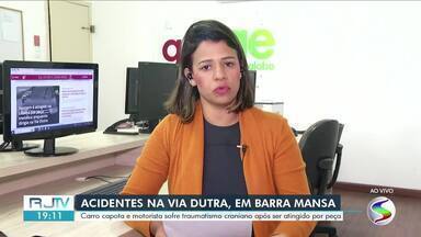 Homem é atingido na cabeça por peça metálica enquanto dirigia em Barra Mansa - Acidente aconteceu no km 284 da Via Dutra, pista sentido São Paulo. Objeto teria caído de um veículo de carga que trafegava pela rodovia. Vítima foi socorrida em estado grave e teve traumatismo craniano.