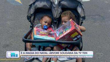 Campanha Árvore Solidária entrega brinquedos arrecadados para crianças carentes - A campanha Árvore Solidária, da TV TEM, entregou nesta segunda-feira (16) os brinquedos arrecadados durante o último mês, com a ajuda de doações feitas por moradores da região, proporcionando um Natal mais feliz para crianças de famílias carentes.