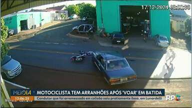 Motociclista tem arranhões após 'voar' em batida em Lunardelli - Condutor que foi arremessado em colisão saiu praticamente ileso