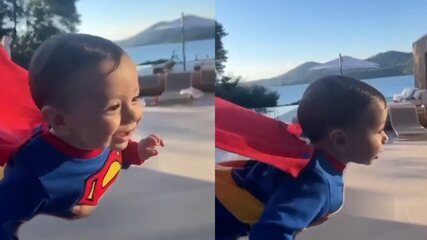 Claudia Raia fantasia Luca de Super-homem para homenagear Jarbas