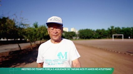 Mestres do tempo: força e agilidade de Takumi aos 91 anos no atletismo. 'Esporte Espetacular', 15/10/2023