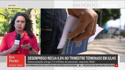 Desemprego cai a 6,8% no trimestre terminado em julho