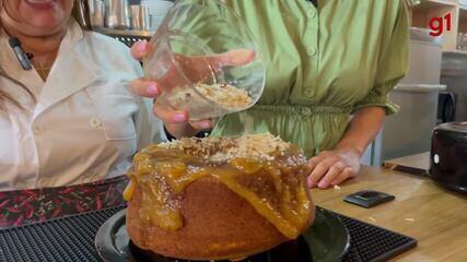 Bolo de castanha-do-pará com cobertura de geleia de cupuaçu e raspas de castanha-do-pará