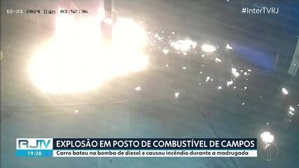 Câmera mostra explosão após batida de carro em posto de combustíveis em Campos