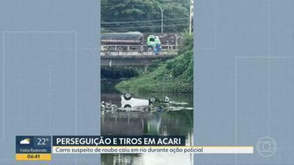 Roubos terminam em perseguição, tiroteio, e carro de bandidos dentro do Rio Acari