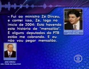 Reportagem de Júlio Mosquéra sobre a entrevista de Roberto Jefferson à Folha de S. Paulo, em que acusou o tesoureiro do PT, Delúbio Soares, de repassar dinheiro a deputados como pagamento por apoio parlamentar, Jornal da Globo, 06/06/2005.