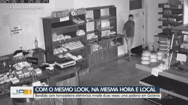 Homem é suspeito de invadir a mesma padaria duas vezes e furta dinheiro do caixa - Criminoso, que usa tornozeleira eletrônica, foi flagrado por câmeras de segurança.